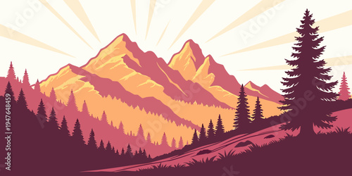 Sunrise over mountain range with trees Vector