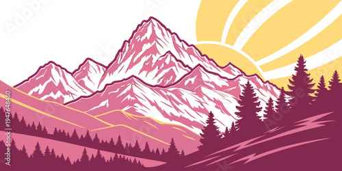 A mountain range with trees and a sun Vector