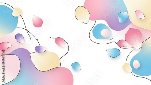 Abstract Pastel Background with Fluid Liquid Shapes and Delicate Pink Flower Petals Scattered on White Surface for Modern Spring Designs