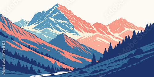 A mountain range with snow and trees Vector