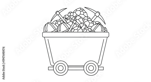 A line drawing depicts a full minecart overflowing with rocks and pickaxes