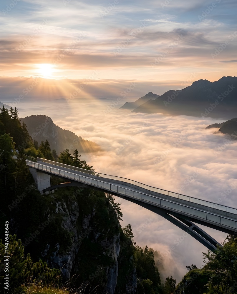 Obraz premium Minimal modern bridge floating above fog covered valley illuminated by early sunlight rays beautifully