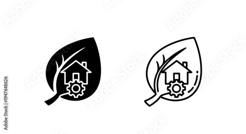 Eco house with gear icon representing sustainable home technology and green living