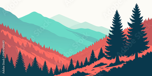 Mountain landscape with pine trees and hills Vector
