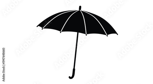 A simple black silhouette of an open umbrella against a white background