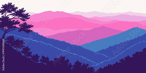 A pixel art landscape of a mountain range at sunset Vector