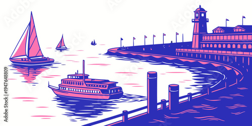 A pixelated image of a harbor with boats and buildings Vector