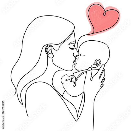 Continuous line art Mother's tender kiss to her baby, an emotional illustration of pure maternal love and an unbreakable bond