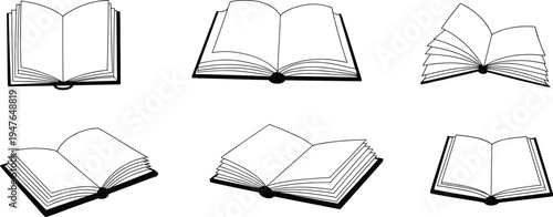 Open book icon set with different perspectives, education reading symbol collection, textbook pages illustration isolated vector for school learning design