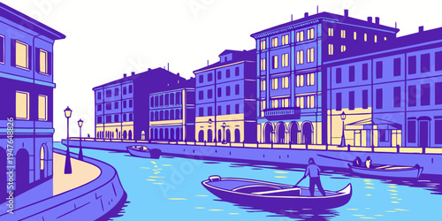 A boat floats on a canal in a city Vector
