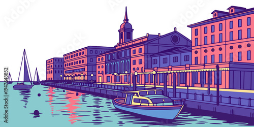 A colorful cityscape with a boat on the water Vector