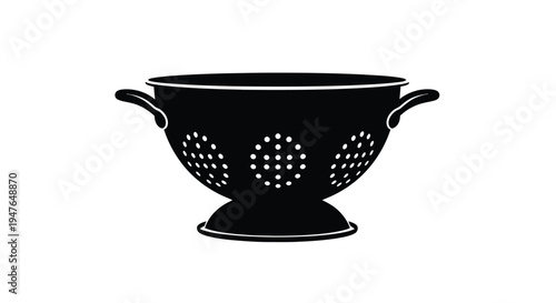 Black silhouette of a metal colander with handles isolated on white