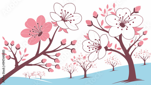 A pink and white cherry blossom tree landscape Vector
