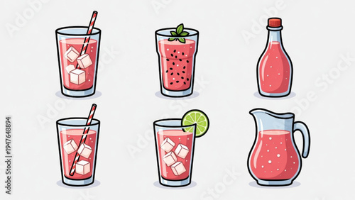 Set of red cocopandan flavored drink icon illustrations 