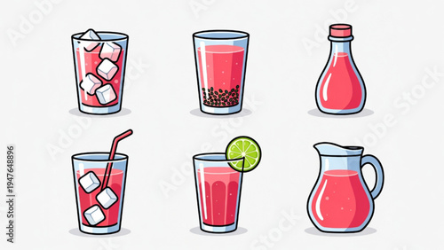 Set of red cocopandan flavored drink icon illustrations 