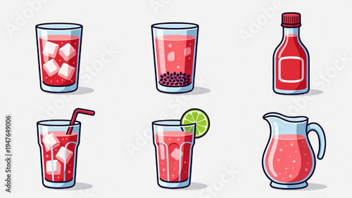 Set of red cocopandan flavored drink icon illustrations 