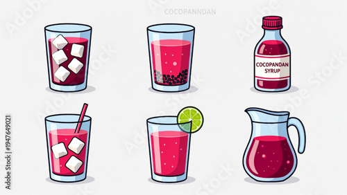 Set of red cocopandan flavored drink icon illustrations 