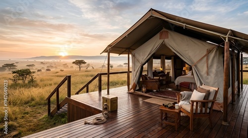 Luxury safari canvas tent on polished wooden platform overlooking golden savanna at sunrise cinematic light
