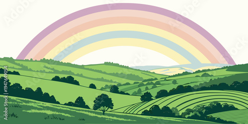 A colorful rainbow appears over a green hill Vector