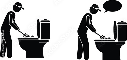 Plumber cleaning clogged toilet with plunger icon set, bathroom maintenance and repair service vector illustration design