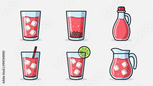 Set of red cocopandan flavored drink icon illustrations 