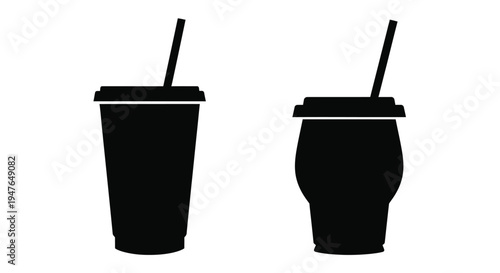 Two black silhouette icons of disposable cups with straws displayed