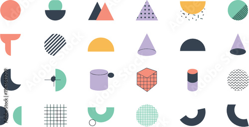 Abstract geometric shapes vector set with modern minimal circles, triangles, cubes and trendy Memphis style graphic design elements