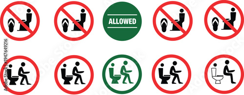 Toilet usage warning and allowed sign collection, restroom etiquette prohibition symbols set with person sitting toilet icons vector illustration