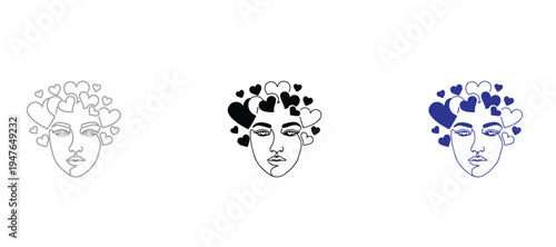  Minimalist Line Art Human Face Surrounded by Hearts, Concept of Mental Health and Self Love Vector Icon Set, Positive Mindset Outline Illustration, Clean 2pt Stroke Design for Emotional Wellness