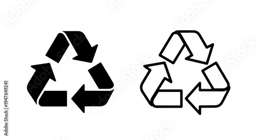 Universal recycling symbol icons in solid and line art for environmental conservation