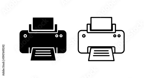 Multifunction printer and copier machine icons in solid and outline for business use