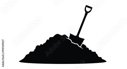 A black silhouette of a shovel stuck in a pile of dirt