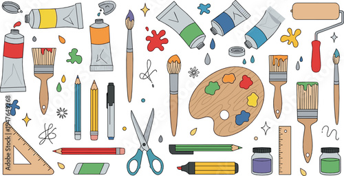 Art Supplies Vector Collection with Paint Tubes Brushes Palette Pencils Scissors Creative Artist Tools Illustration Set