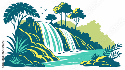A serene waterfall cascading down a lush green hillside Vector