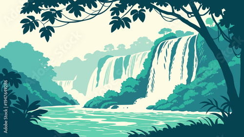A serene waterfall in a lush green forest with a tree in the foreground Vector