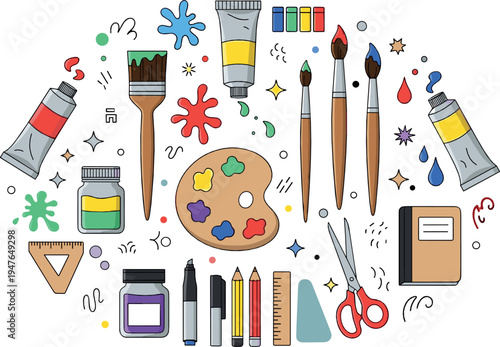 Art supplies and painting tools vector set with brushes, palette, paint tubes, pencils, markers, scissors and creative studio equipment