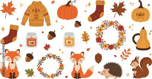 Autumn cozy elements vector illustration set featuring pumpkins, fall leaves, sweater, candles, wreaths, fox, hedgehog and woodland harvest decorations