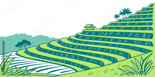 A green hillside with terraced fields and trees Vector