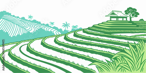 A green rice field with terraced hills and trees Vector