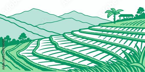 A green illustration of rice terraces with palm trees Vector