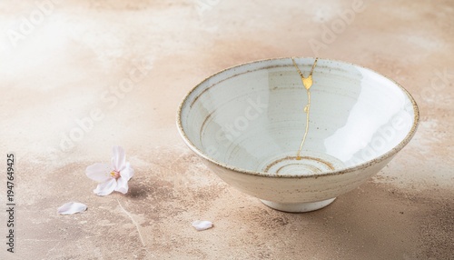 金継ぎの和食器ボウルと桜の花びら（ベージュ背景・余白）