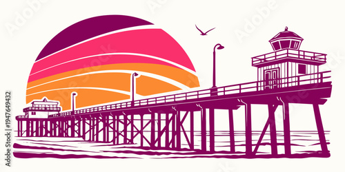 A pier with a sunset in the background Vector