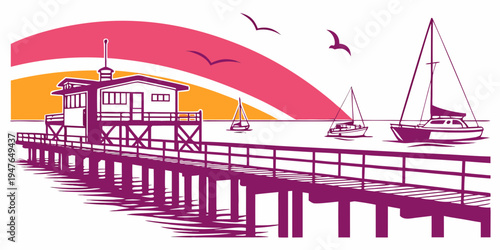 A pier with a building and a sailboat on the water Vector