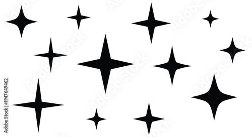 A collection of black starburst shapes scattered on a white background