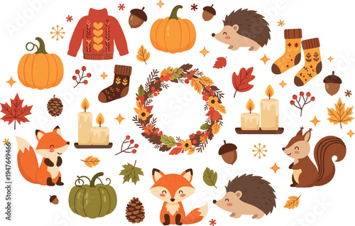 Autumn fall season vector illustration set featuring pumpkins, fox, hedgehog, squirrel, cozy sweater, candles, wreath and woodland harvest decorations