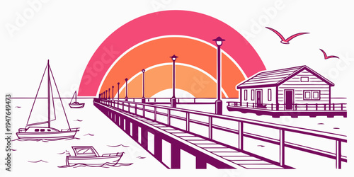 A pier with a building and boats by the sea at sunset Vector