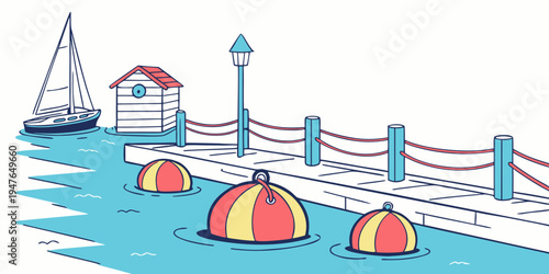 Buoys floating on the water near a dock Vector