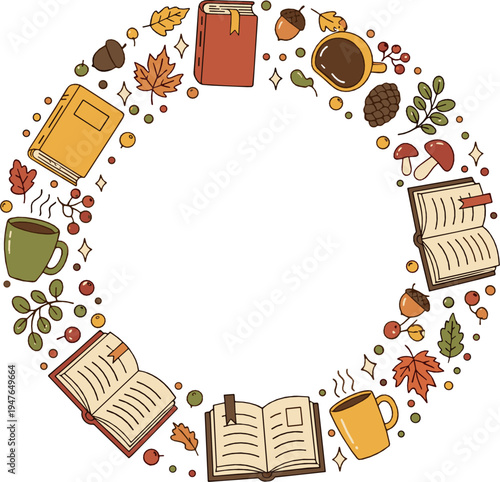 Autumn reading circle frame vector illustration with books, coffee mugs, scrolls, fall leaves and cozy seasonal literature elements