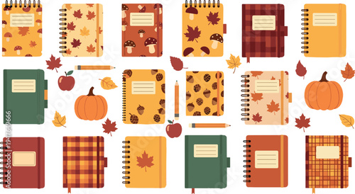 Autumn notebooks and fall stationery vector set with spiral journals, pumpkins, apples, leaves and cozy seasonal school supplies