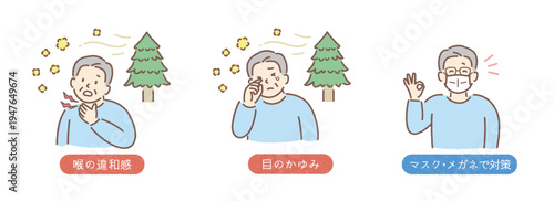 シニア（男性）の花粉症セルフケア｜喉の違和感・目のかゆみとマスクメガネ対策イラスト